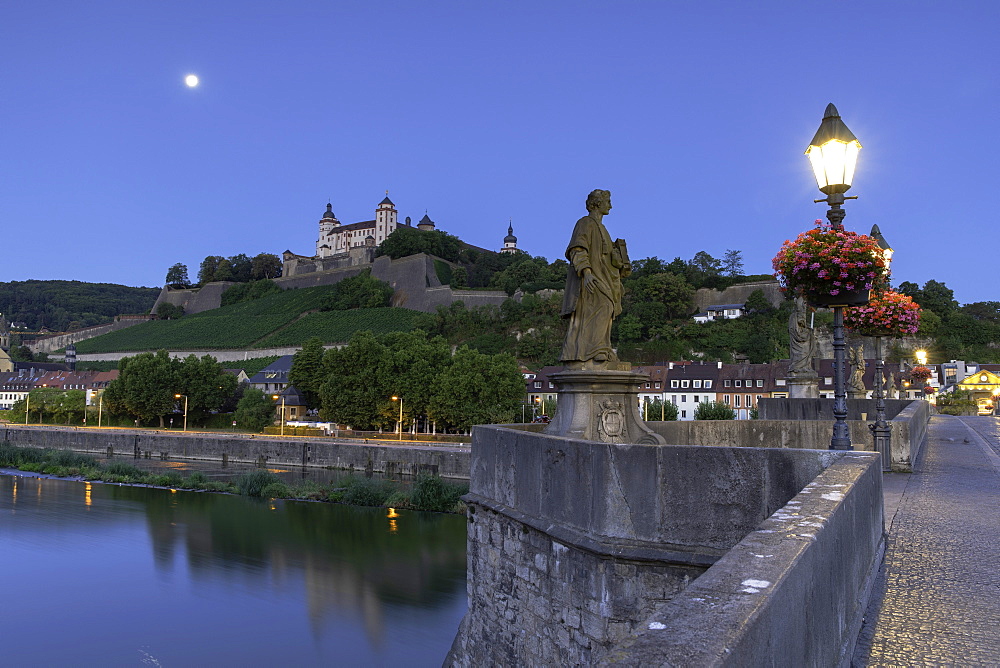 Marienberg Fortress and Old Main Bridge at dawn, Wurzburg, Bavaria, Germany, Europe