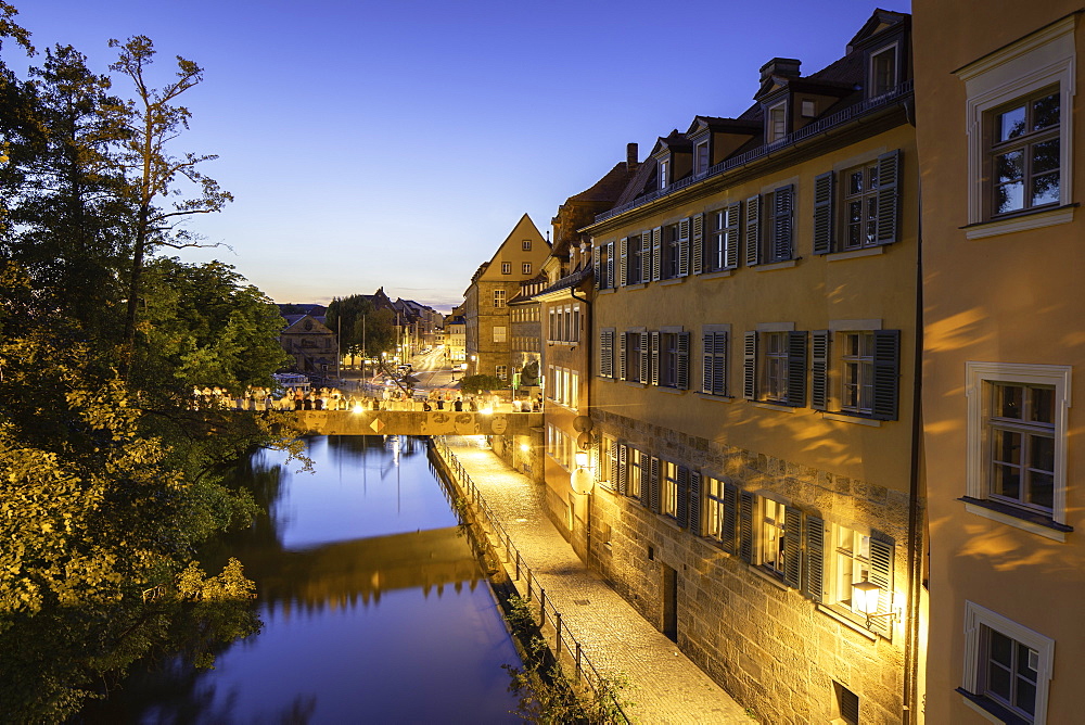 Buildings along River Regnitz at dusk, Bamberg, UNESCO World Heritage Site, Bavaria, Germany, Europe