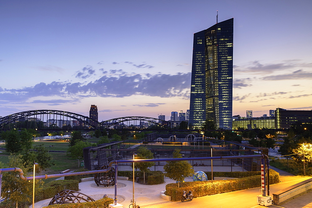 European Central Bank at sunset, Frankfurt, Hesse, Germany, Europe