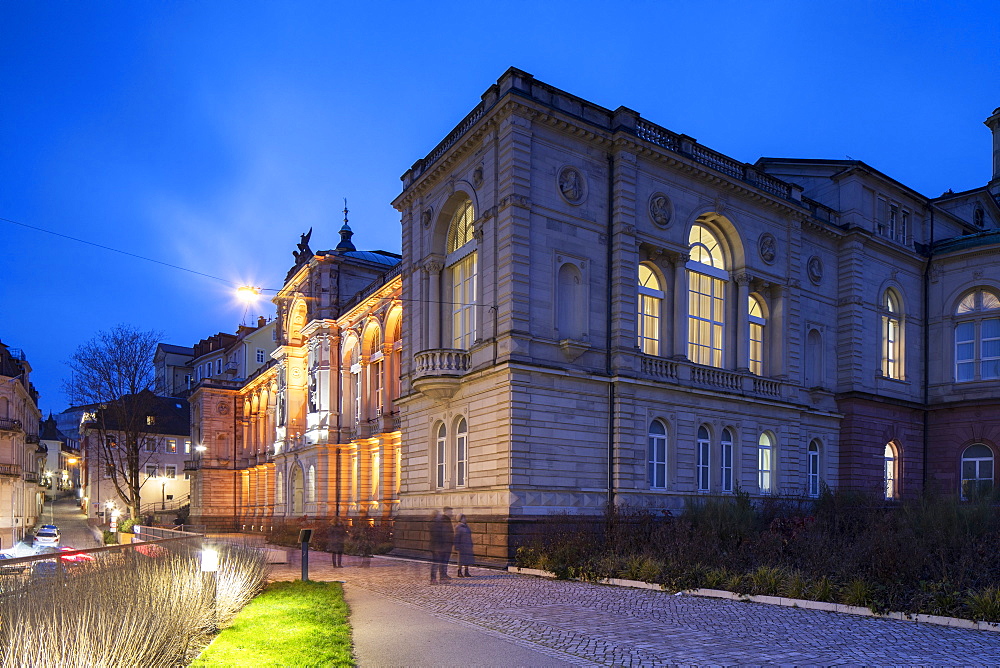 Friedrichsbad (Fredericks bathhouse) at dusk, Baden-Baden, Baden-Wurttemberg, Germany, Europe