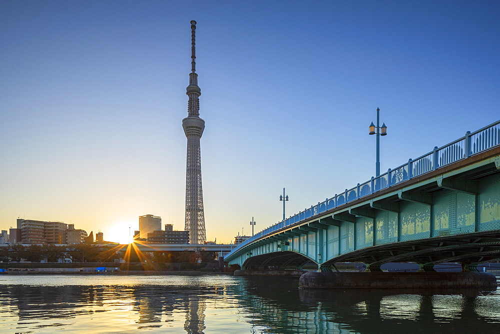 Skytree and Sumida River at dawn, Tokyo, Honshu, Japan, Asia