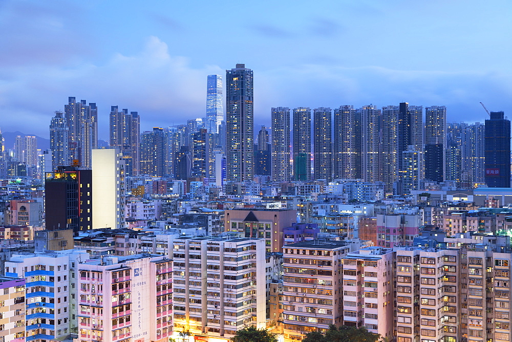 Skyline of Kowloon at dusk, Shek Kip Mei, Hong Kong, China, Asia