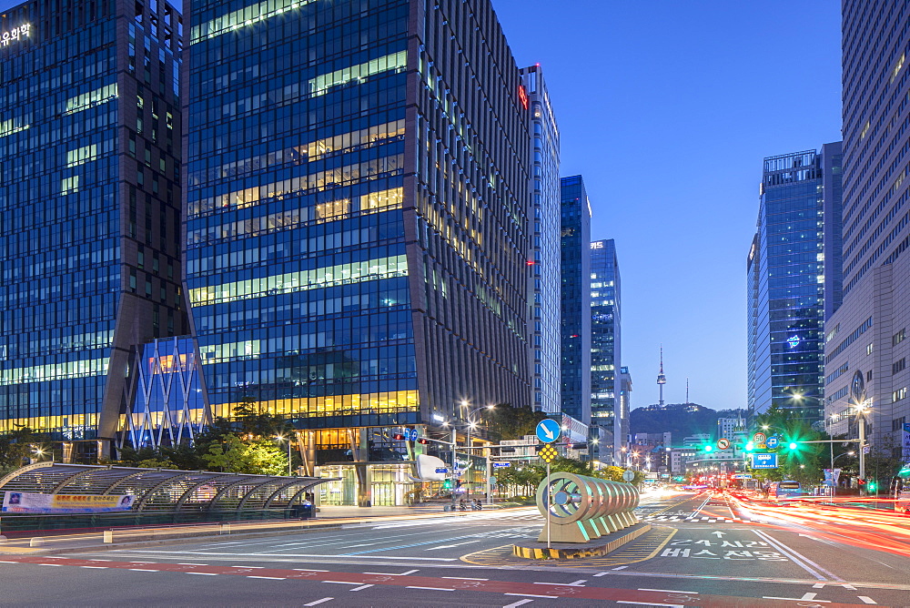 Skyscrapers and Seoul Tower at dusk, Seoul, South Korea, Asia