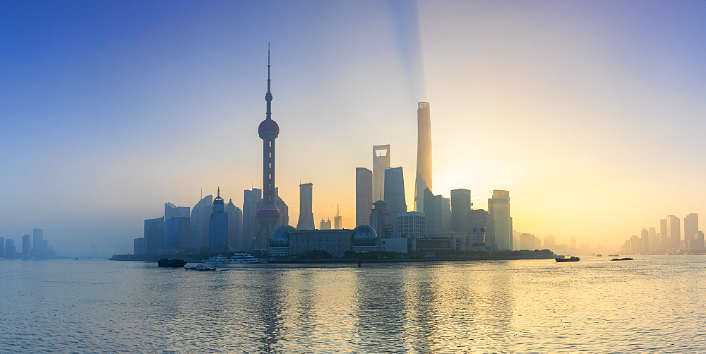 Skyline of Pudong at sunrise, Shanghai, China, Asia