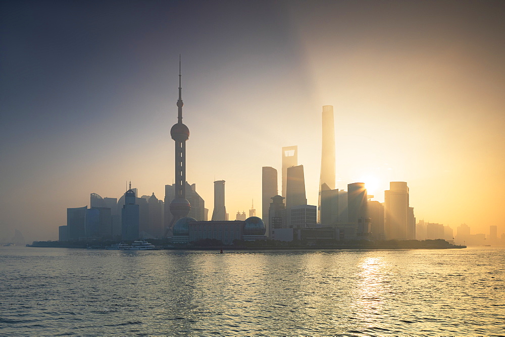 Skyline of Pudong at sunrise, Shanghai, China, Asia