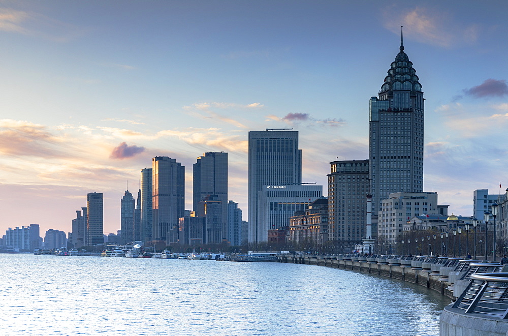 Buildings along Huangpu River at sunrise, Shanghai, China, Asia