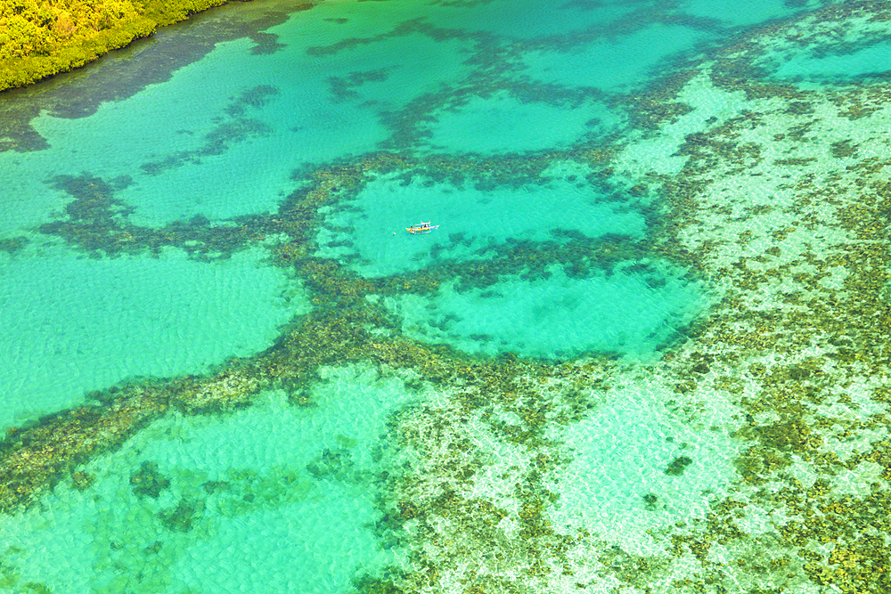 Bangka (boat) over coral, Chindonan Island, Calamian Islands, Coron, Palawan, Philippines, Southeast Asia, Asia