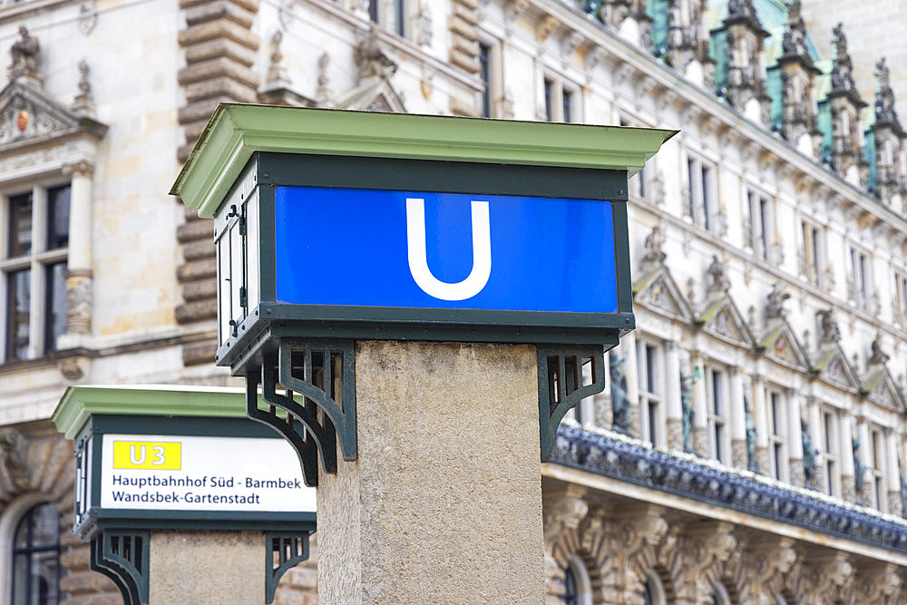 U-Bahn sign in front of Rathaus (Town Hall), Hamburg, Germany, Europe