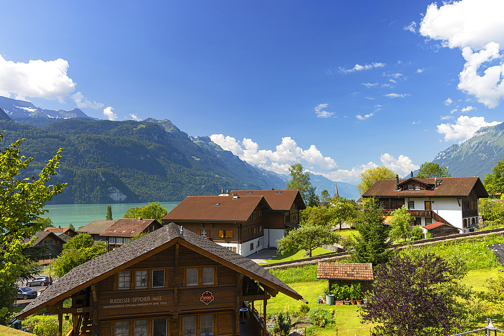 Traditional chalets overlooking Lake Brienz, Brienz, Bernese Oberland, Switzerland