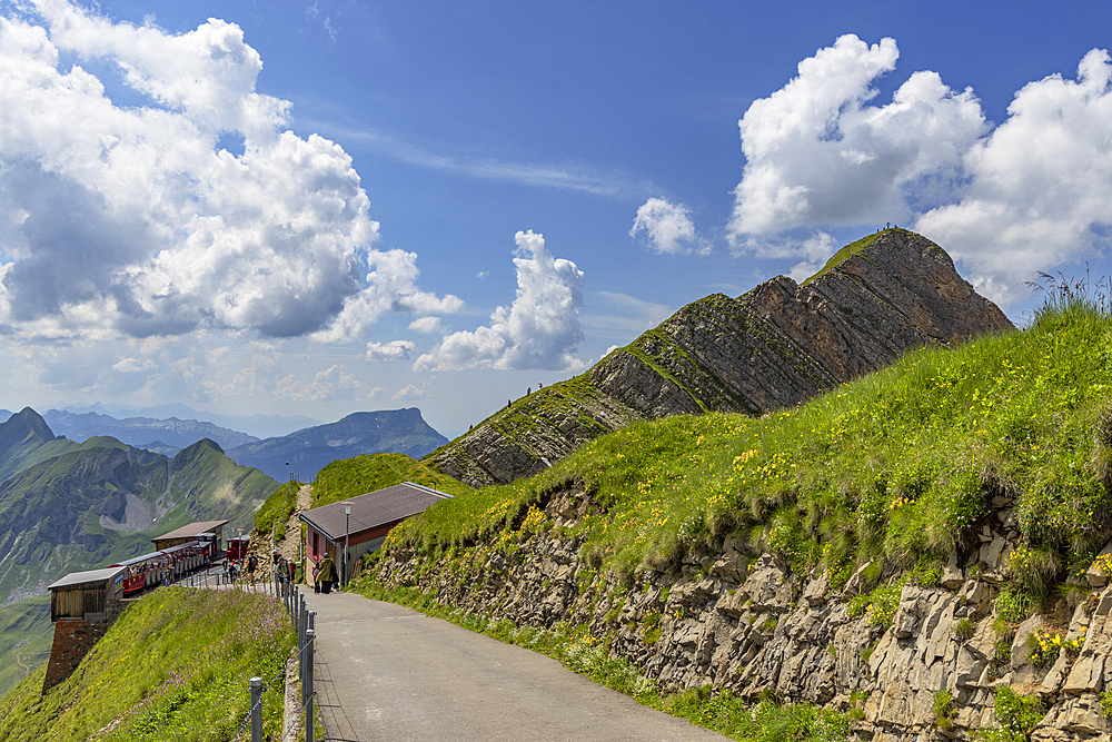 Das Kreuz (The Cross) peak and Brienz Rothorn train at Brienzer Rothorn mountain, Bernese Oberland, Switzerland