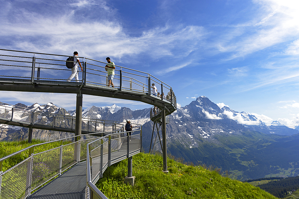 People on First Cliff Walk with Eiger mountain in the background, First, Jungfrau Region, Bernese Oberland, Switzerland