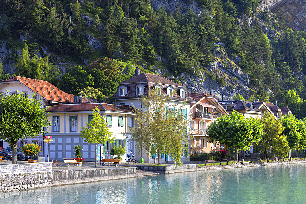 Buildings along Aare River, Interlaken, Bernese Oberland, Switzerland