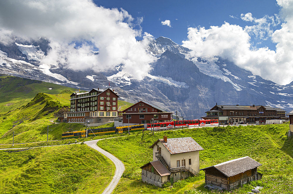 Kleine Scheidigg railway station and Jungfrau mountain, Jungfrau Region, Bernese Oberland, Switzerland