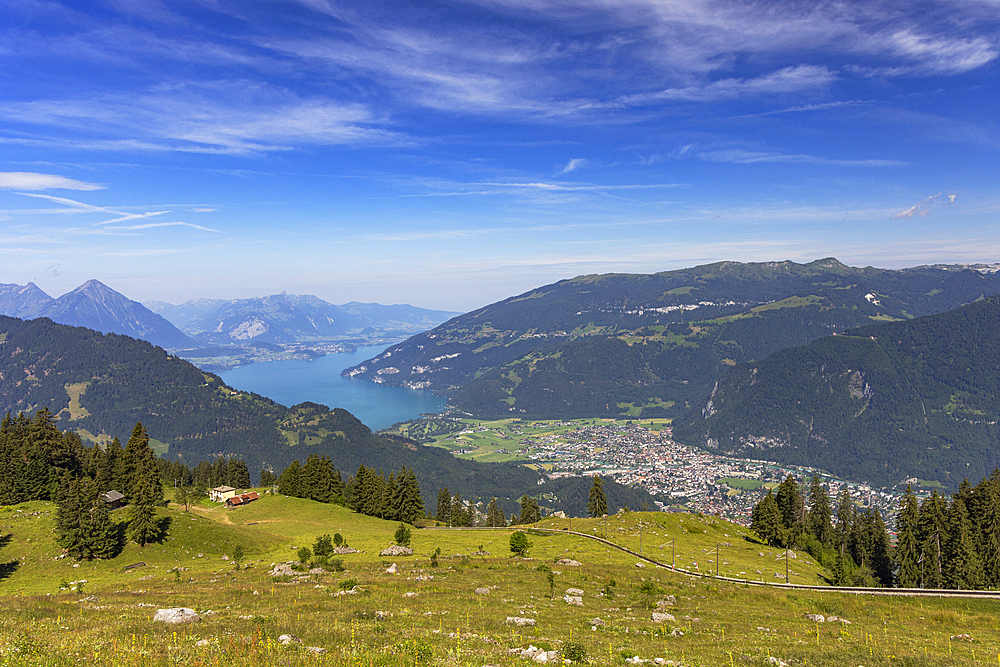 View of Interlaken and Lake Thun, Canton of Bern, Switzerland