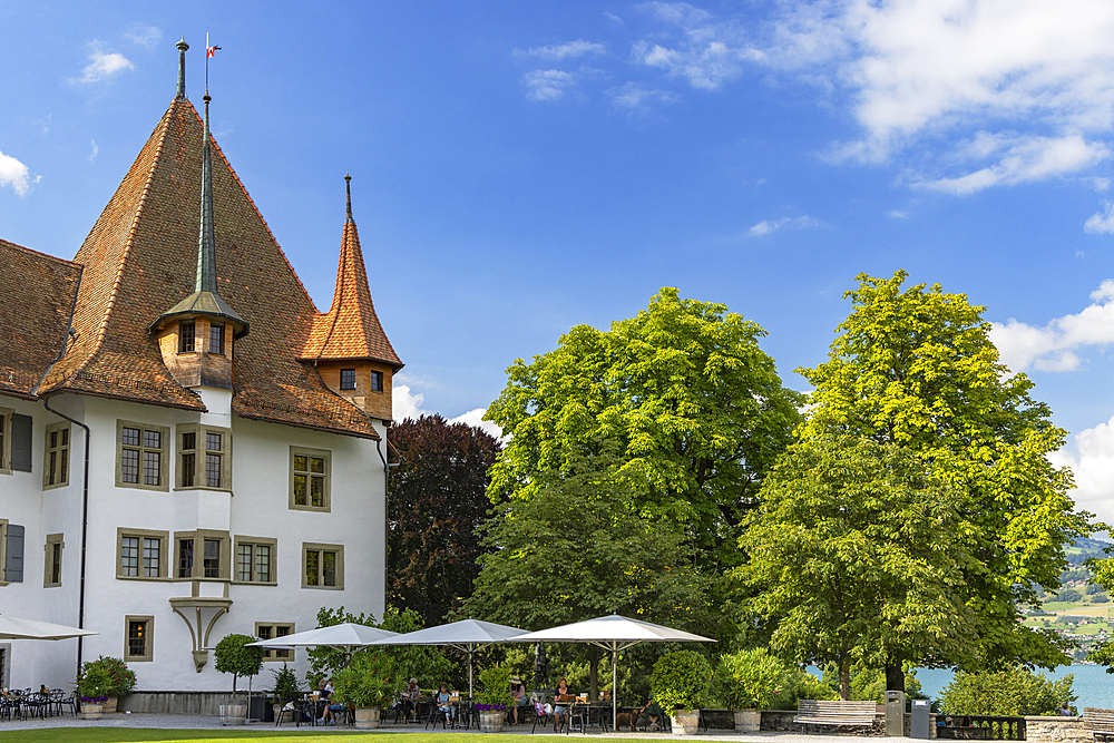 Cafe in grounds of Spiez Castle, Spiez, Canton of Bern, Switzerland