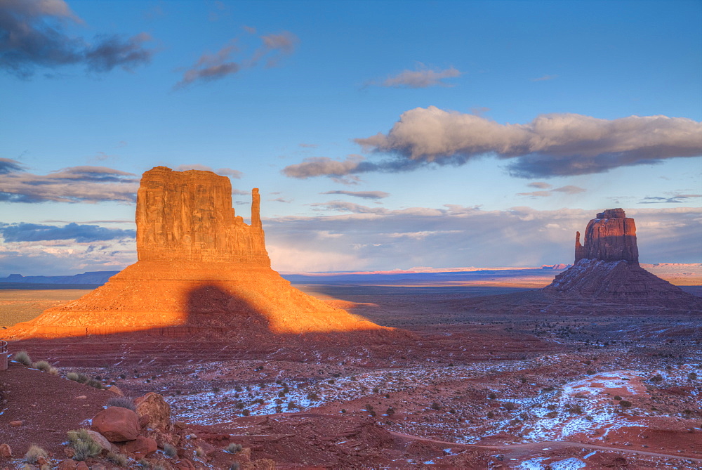 Sunset, West Mitten Butte on left, and East Mitten Butte on right, Monument Valley Navajo Tribal Park, Utah, United States of America, North America