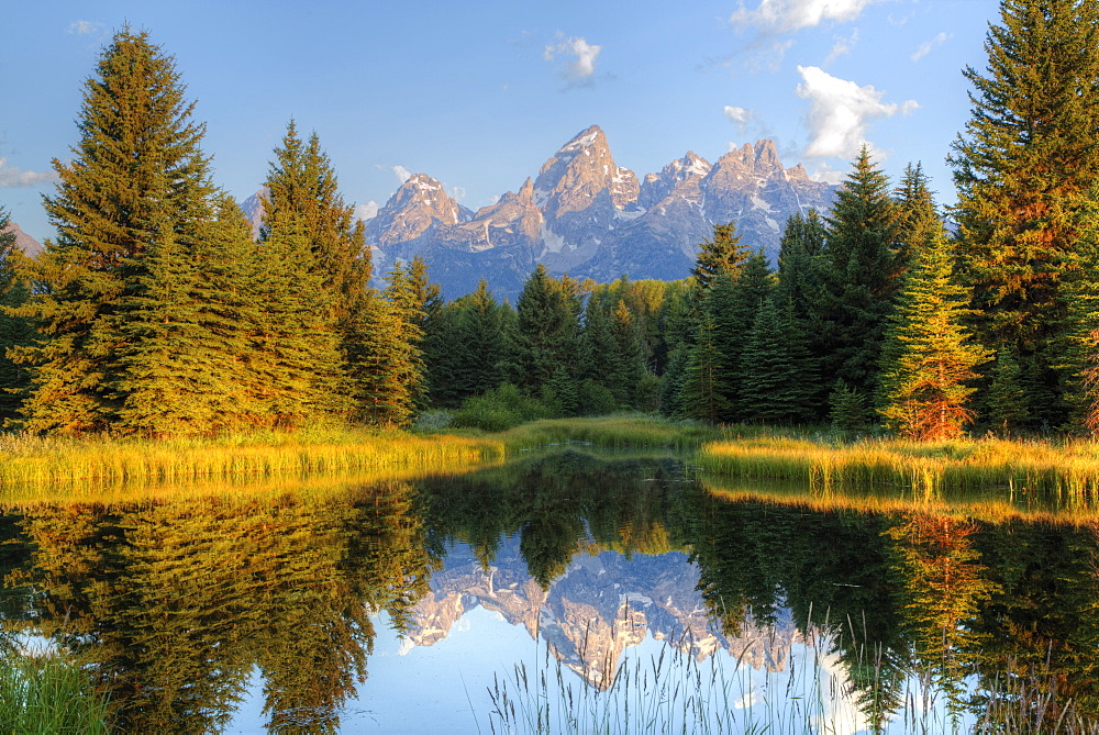 Early morning, Teton Range from Schwabache Landing, Grand Teton National Park, Wyoming, United States of America, North America