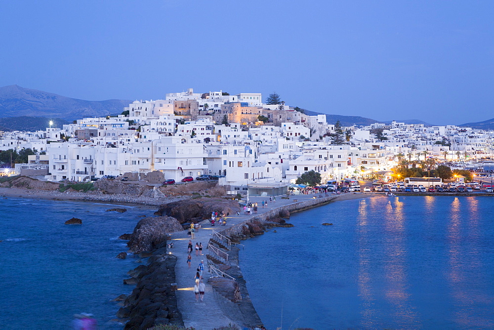 Hora (Old Town) with Causeway to the Temple of Apollo in the foreground, Naxos Island, Cyclades Group, Greek Islands, Greece, Europe