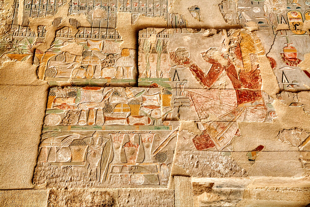 Reliefs, Sanctuary of Amun-Re, Hatshepsut Mortuary Temple (Deir el-Bahri), UNESCO World Heritage Site, Luxor, Thebes, Egypt, North Africa, Africa