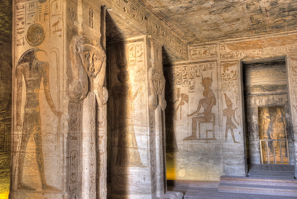 Square Pillars, Goddess Hathor head, Temple of Hathor and Nefertari, UNESCO World Heritage Site, Abu Simbel, Nubia, Egypt, North Africa, Africa