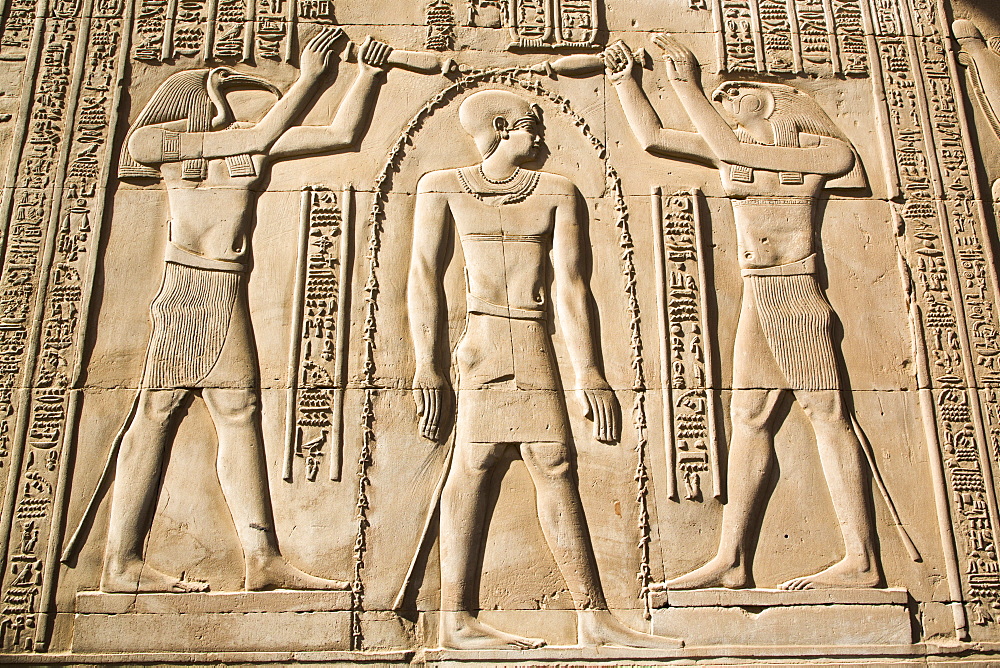 Gods Thoth on left and Haroeris on right with the Pharaoh in the centre, Wall Reliefs, Temple of Sobek and Haroeris, Kom Ombo, Egypt, North Africa, Africa