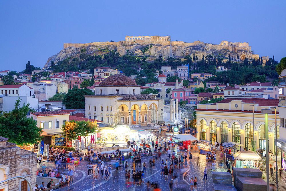 Evening, Monastiraki Square in the foreground with The Acropolis in the background, Athens, Greece, Europe