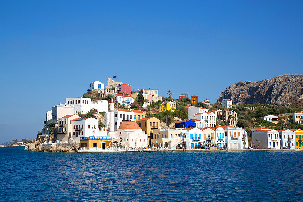 Buildings at Harbour Entrance, Kastellorizo (Megisti) Island, Dodecanese Group, Greek Islands, Greece, Europe