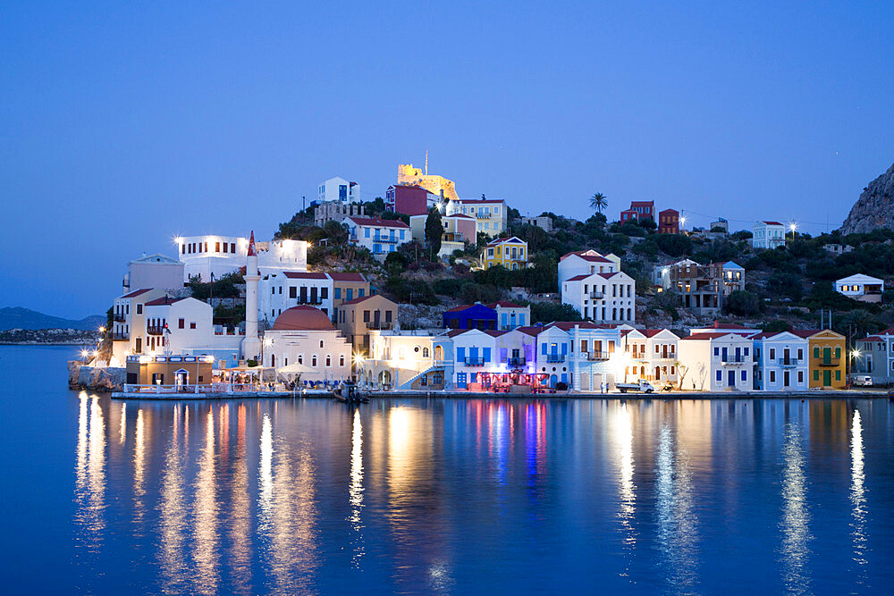 Evening, buildings at Harbour Entrance, Kastellorizo (Megisti) Island, Dodecanese Group, Greek Islands, Greece, Europe