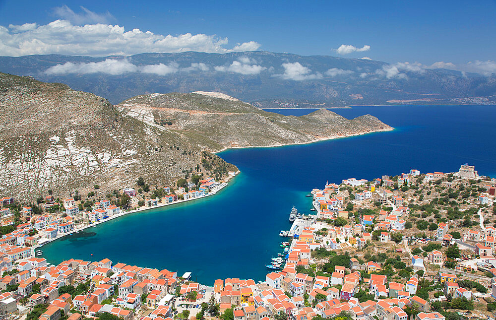 Kastellorizo Harbour, from Cliff Steps, Kastellorizo (Megisti) Island, Dodecanese Group, Greek Islands, Greece, Europe