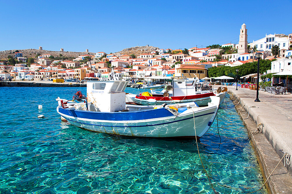 Fishing boats, Emborio Harbor, Halki (Chalki) Island, Dodecanese Group, Greek Islands, Greece, Europe