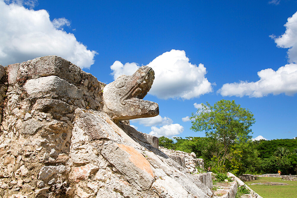 Stone Serpent Head, Temple of the Warriors, Mayan Ruins, Mayapan Archaeological Zone, Yucatan State, Mexico, North America