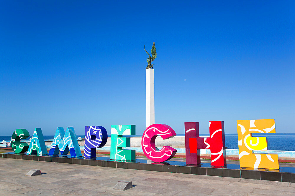 City Sign, Angel Maya Statue in the background, San Francisco del Campeche, State of Campeche, Mexico, North America