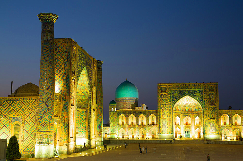 Evening, Ulug Bek and Tilla-Kari Madrassahs (left to right), Registan Square, Samarkand, Uzbekistan