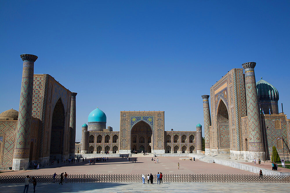 Ulug Bek, Tilla-Kari, and Sherdor Madrassahs (left to right), Registan Square, Samarkand, Uzbekistan