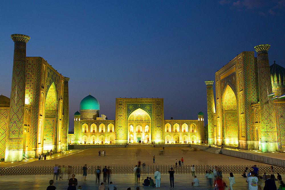 Evening, Ulug Bek, Tilla-Kari, and Sherdor Madrassahs (left to right), Registan Square, Samarkand, Uzbekistan