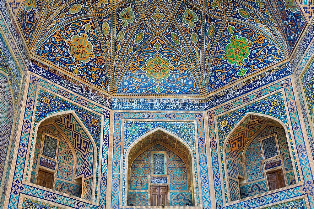 Entrance Ceiling and Wall Tiles, Tilla-Kari Madrassah (Completed 1660), Registan Square, Samarkand, Uzbekistan