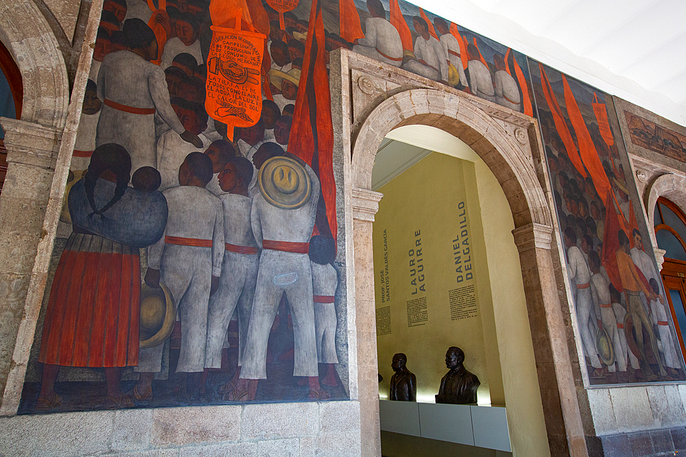 Entrance to Row of Busts of famous people, with murals by Diego Rivera, Secretaria de Educacion Building, Mexico City, Mexico, North America