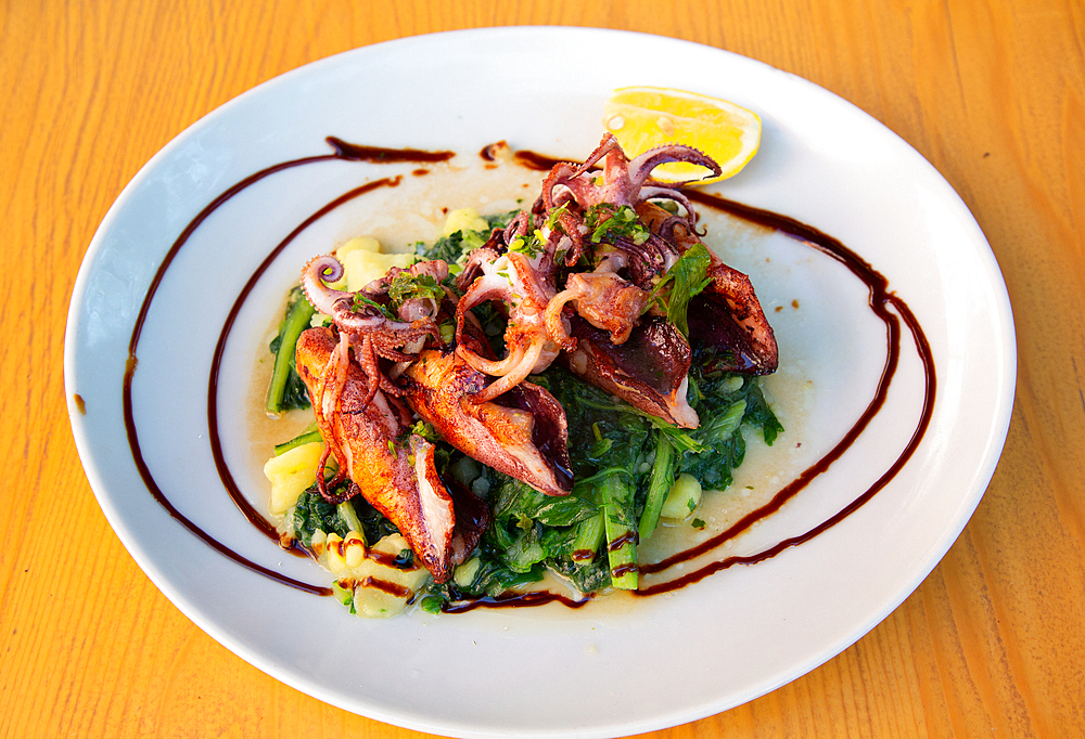 Food Plate of Grilled Calamari with Vegetables, Pula, Croatia, Europe