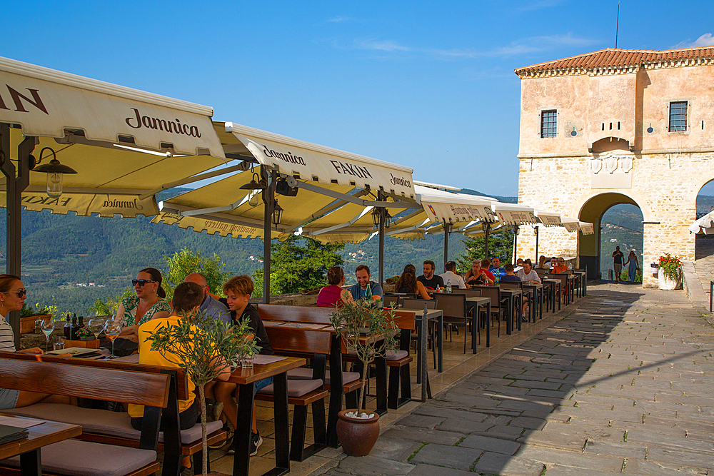 Hilltop Restaurant with City Gate, Motovun, Central Istria, Croatia, Europe