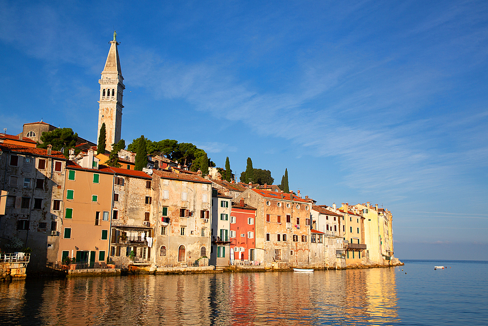 Waterfront and Tower of Church of St. Euphemia, Old Town, Rovinj, Croatia, Europe