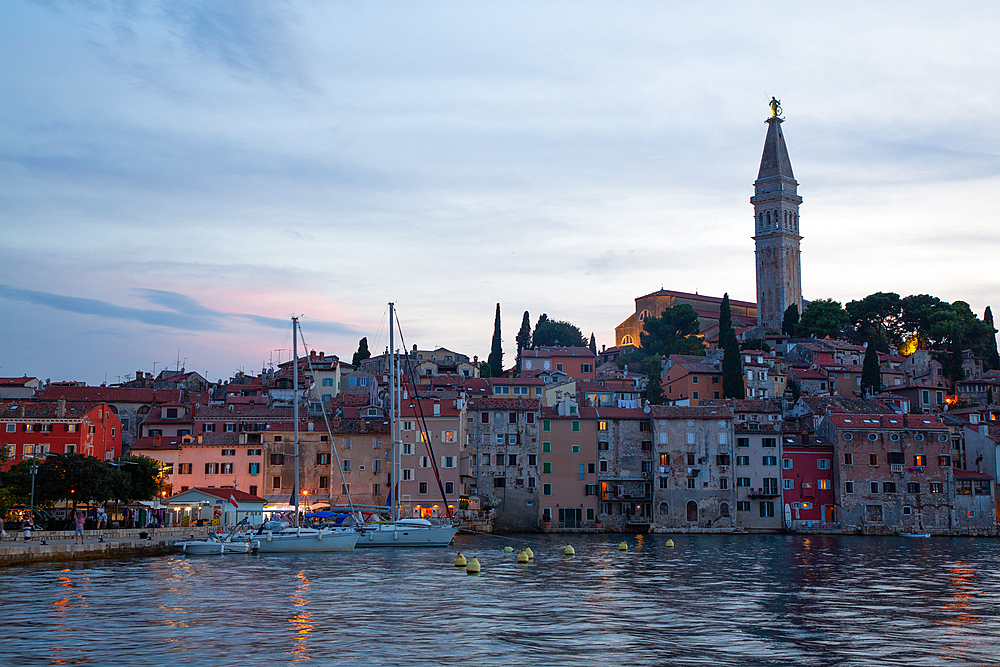 Sailboats and skyline with Tower of Church of St. Euphemia, Old Town, Rovinj, Croatia, Europe