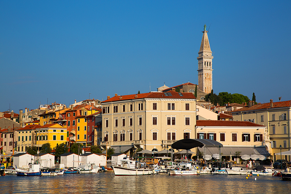 Harbor and skyline with Tower of Church of St. Euphemia, Old Town, Rovinj, Croatia, Europe