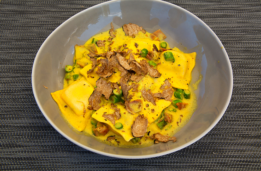 Food dish of Ravioli with Truffle Chips in Truffle Sauce, Restaurant, Old Town, Novigrad, Croatia, Europe