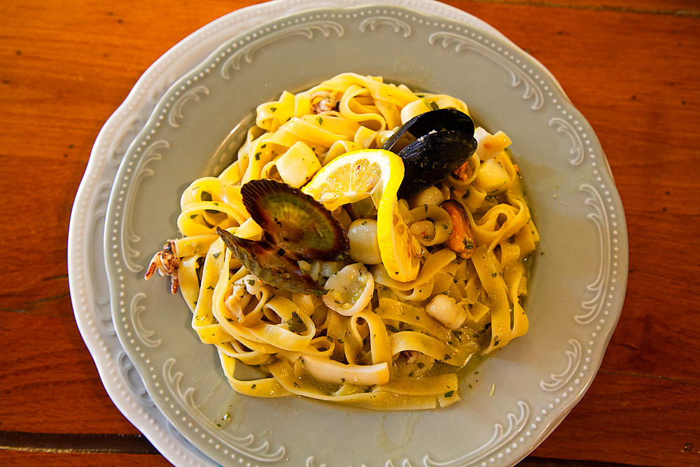 Dish of Seafood in Tagliatelle Pasta with Wine Sauce, Restaurant, Old Town, Novigrad, Croatia, Europe