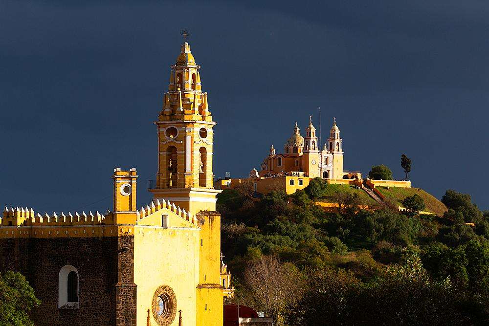 Stormy Weather, Convent of San Gabriel Arcangel in the foreground, Church de Nuestra Senora de los Remedios in the background, Cholula, Puebla State, Mexico, North America