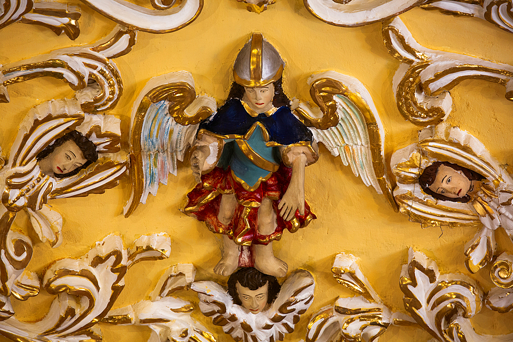 Polychrome Figures and Golden Reliefs, Baroque Interior, Church of San Francisco Acatepec, founded mid-16th century, San Francisco Acatepec, Puebla, Mexico, North America