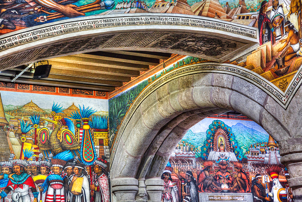 Governor's Palace, 16th century, Foyer, with Frescos by artist Disiderio Hernandez Xochitiotzin, Tlaxcala City, Tlaxcala State, Mexico, North America