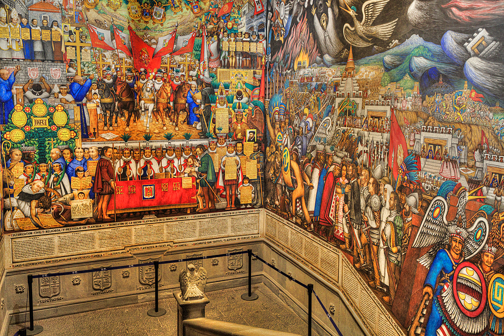 Governor's Palace, 16th century, Staircase with Frescos by artist Disiderio Hernandez Xochitiotzin, Tlaxcala City, Tlaxcala State, Mexico, North America