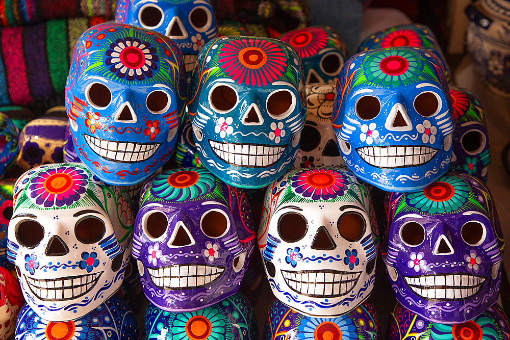 Colorful Ceramic Skulls, Zocolo Market, Cholula, Puebla State, Mexico, North America