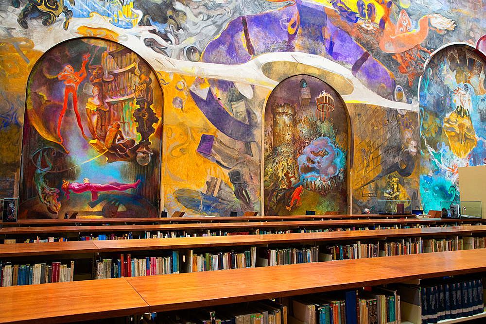 Miguel Lerdo de Tejada Library, 17th century, with wall frescoes by Vlady Kibalchich Russakov, Historic Center, Mexico City, Mexico, North America